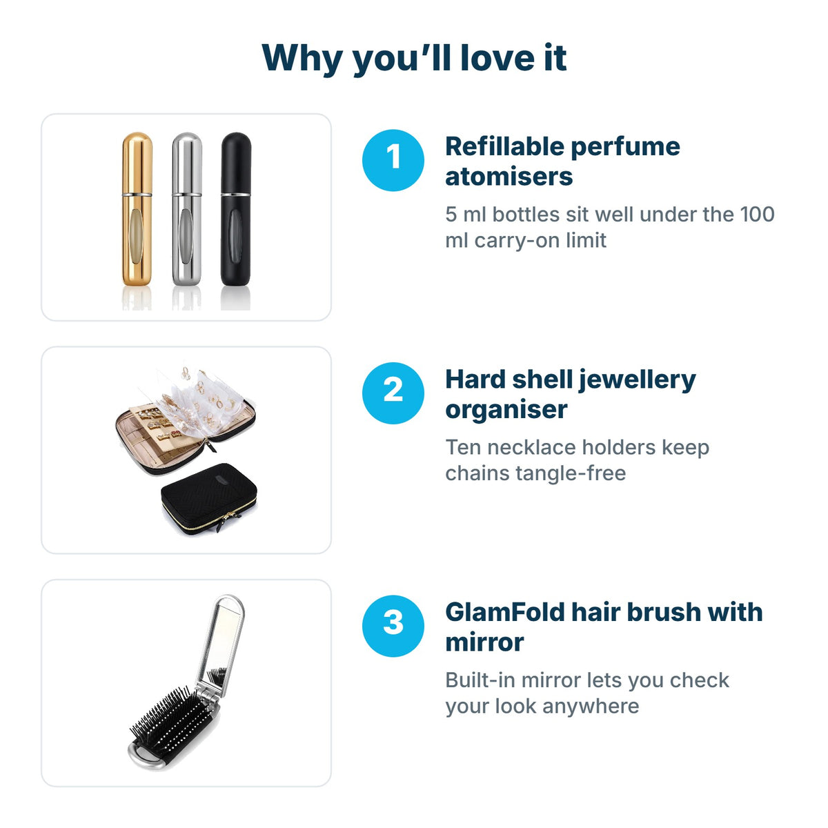 Why you'll love the Beauty On-The-Go Kit: Refillable perfume atomisers, Hard shell jewellery organiser, GlamFold hair brush with mirror
