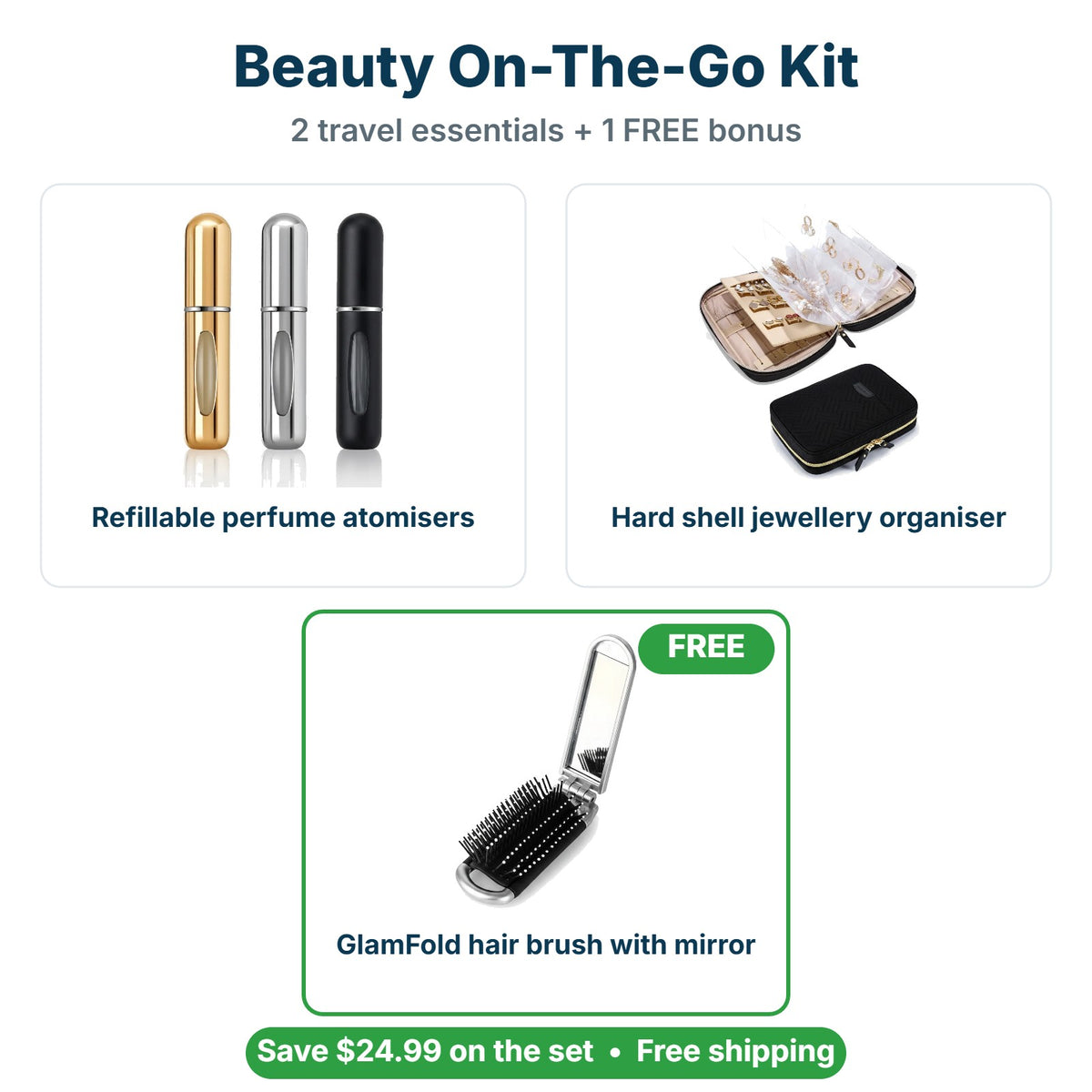 What's inside the Beauty On-The-Go Kit: Refillable perfume atomisers, Hard shell jewellery organiser, FREE GlamFold hair brush with mirror