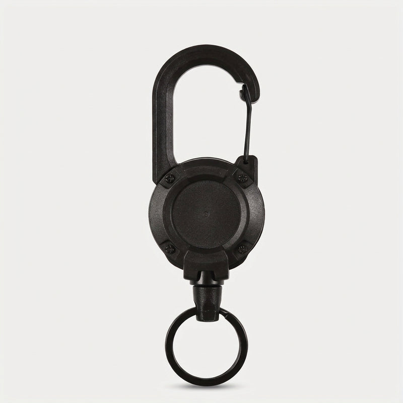 A black carabiner-style keychain clip with a ring, shown with dimension labels and text reading product size, weight, thickness, and measurements on a light gray background.
