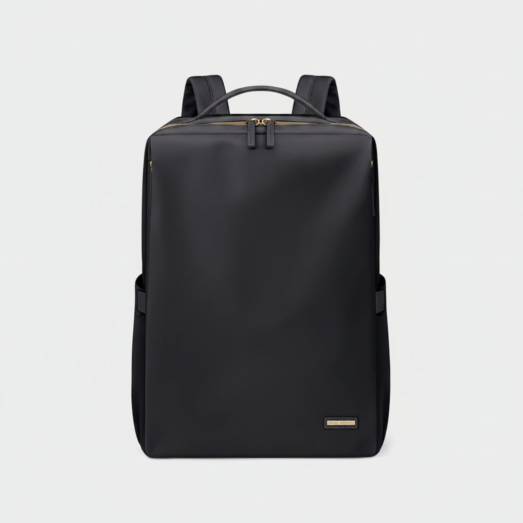 Black backpack with a gold zipper on a white background