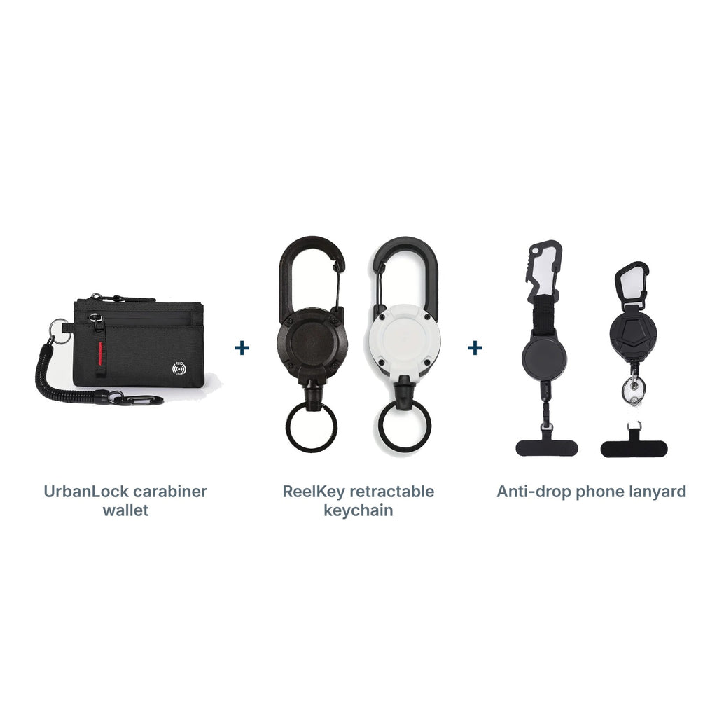 Carabiner Wallet Kit: UrbanLock carabiner wallet, ReelKey retractable keychain, Anti-drop phone lanyard