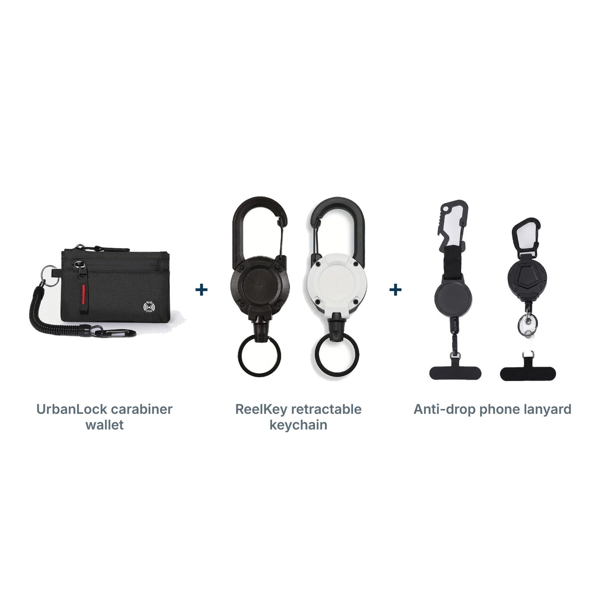 Carabiner Wallet Kit: UrbanLock carabiner wallet, ReelKey retractable keychain, Anti-drop phone lanyard
