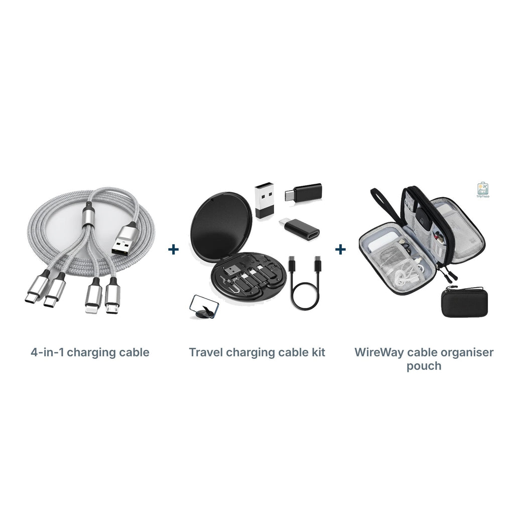Charge Anywhere Kit: 4-in-1 charging cable, Travel charging cable kit, WireWay cable organiser pouch