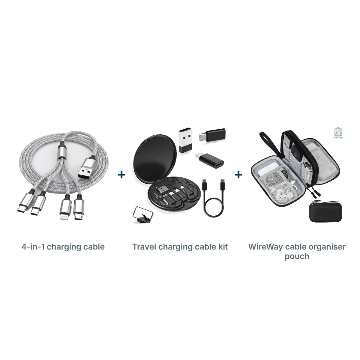 Charge Anywhere Kit: 4-in-1 charging cable, Travel charging cable kit, WireWay cable organiser pouch