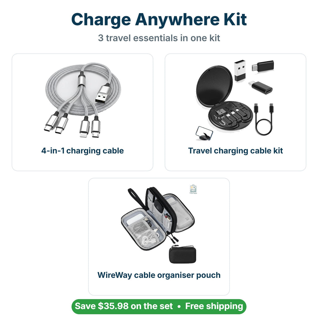 What's inside the Charge Anywhere Kit: 4-in-1 charging cable, Travel charging cable kit, WireWay cable organiser pouch