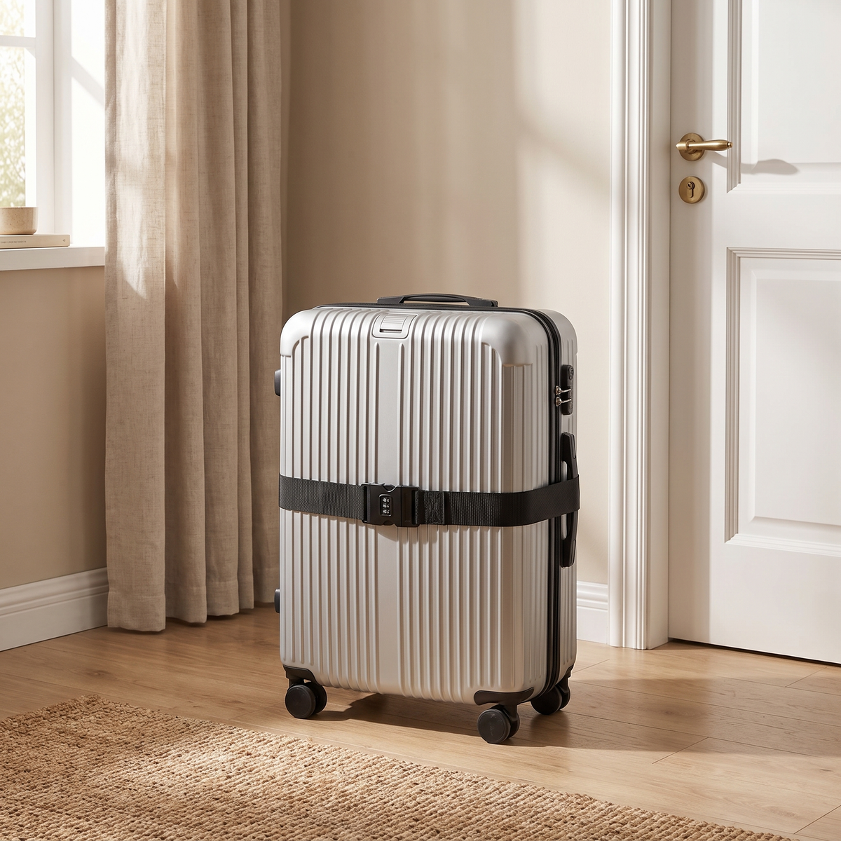 CodeSafe combination lock luggage strap buckled around a packed suitcase by the door, secure travel luggage strap