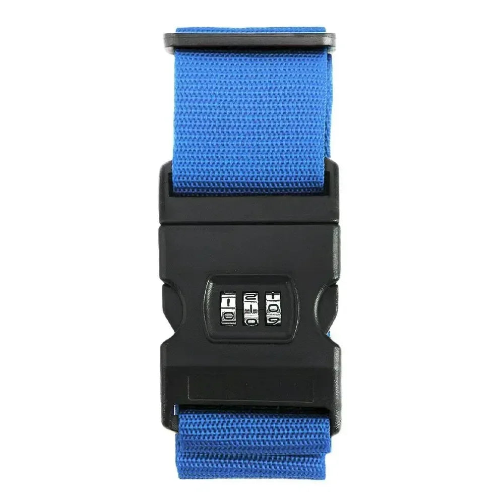 Blue luggage strap with a black combination lock - travel accessories Australia