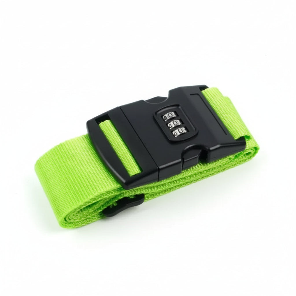 Green luggage strap with a black combination lock - travel gear