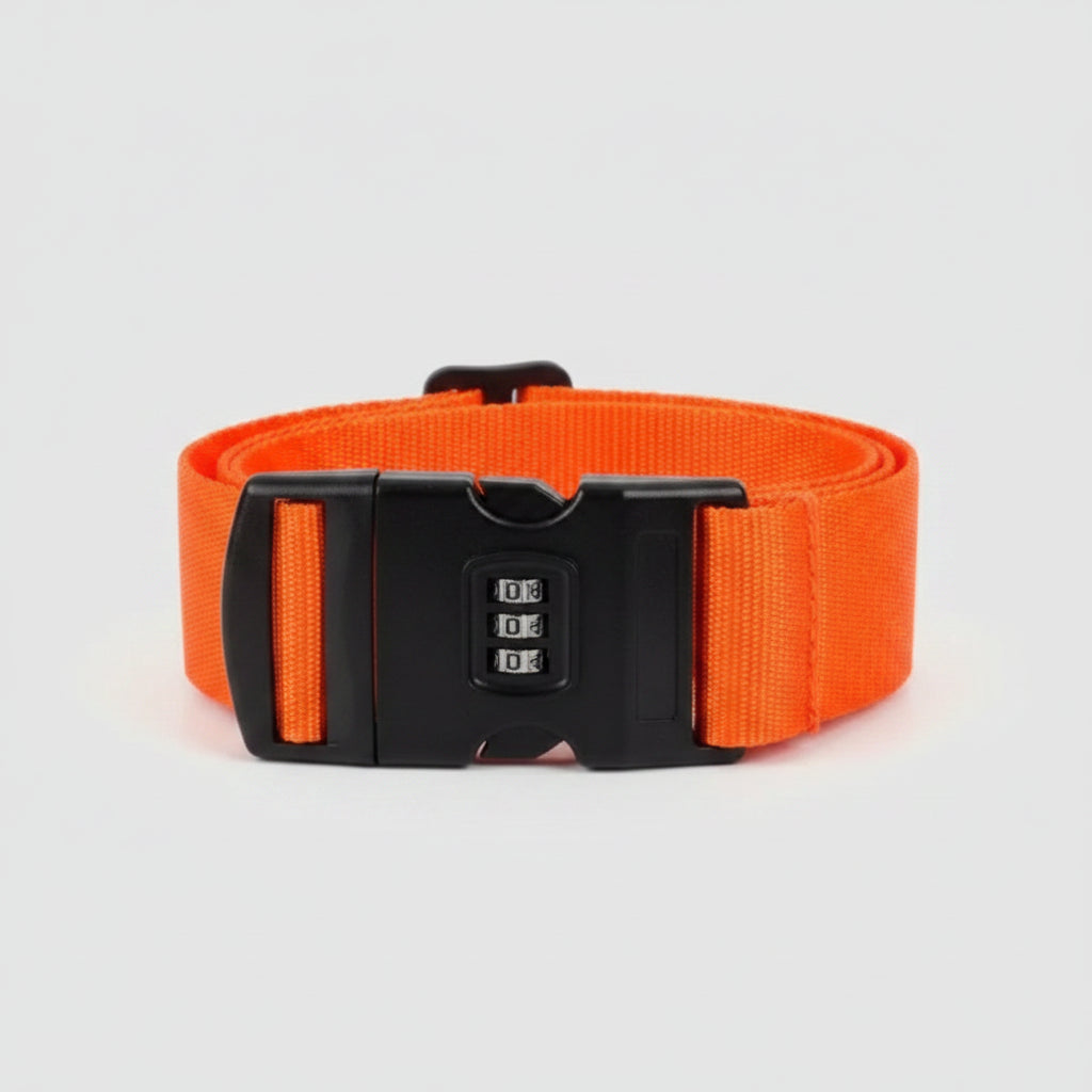 Orange strap with a black combination lock - travel gear