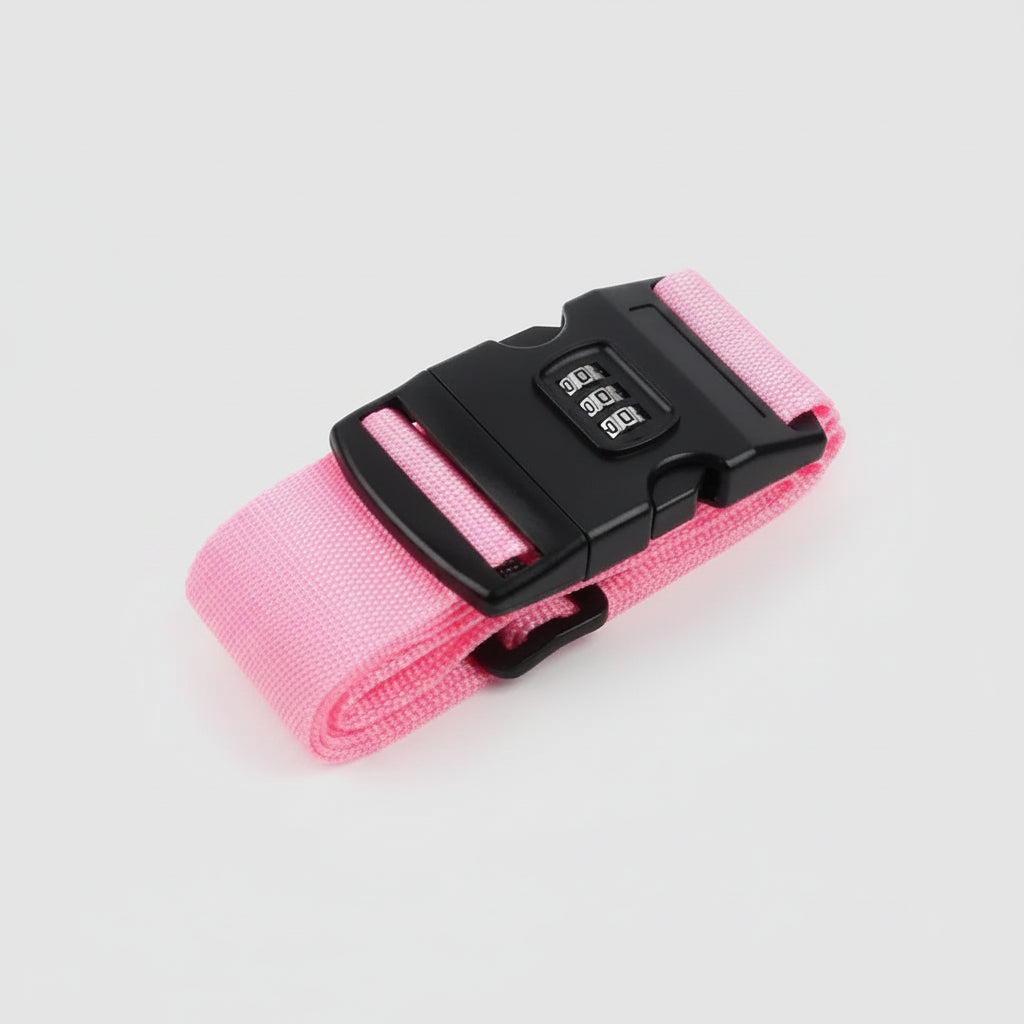 Pink luggage strap with a black combination lock - travel bag