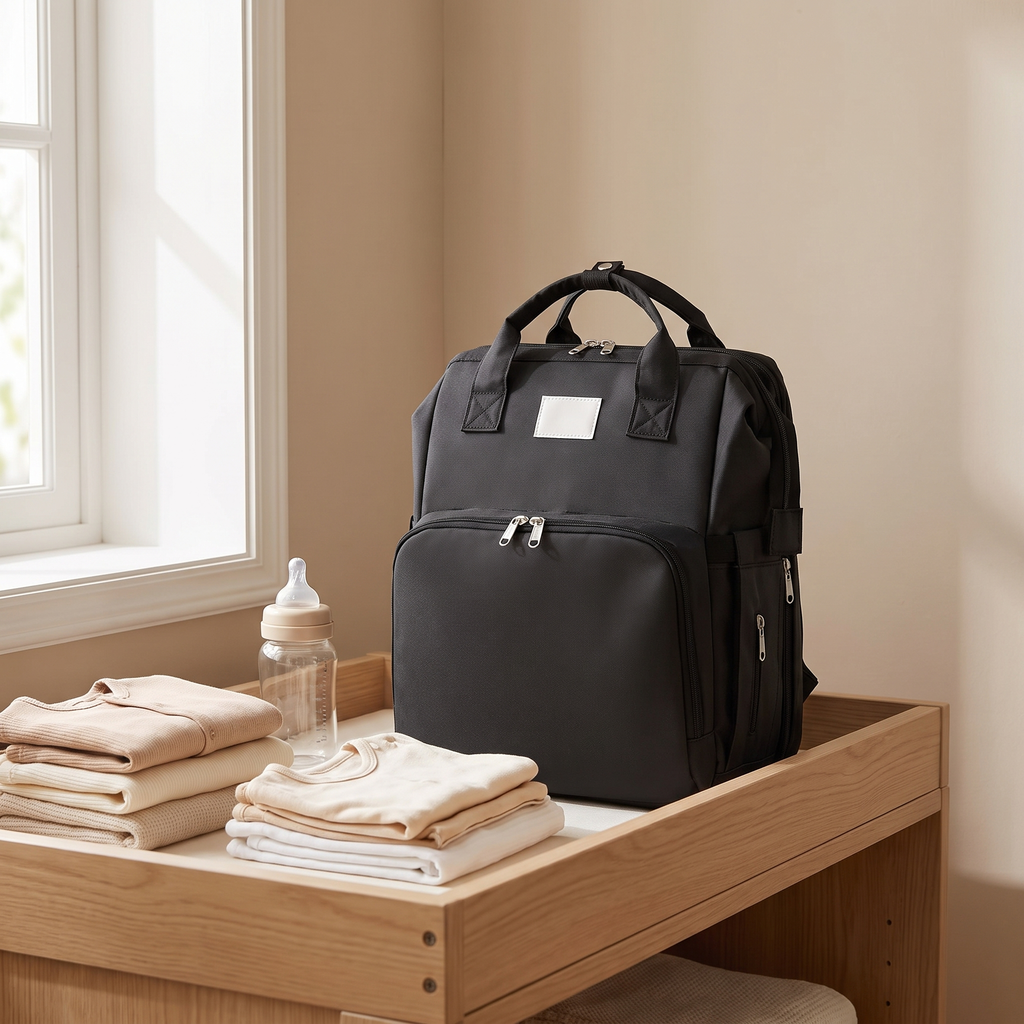 Black ComfyNest nappy bag backpack on a change table with baby clothes and a bottle