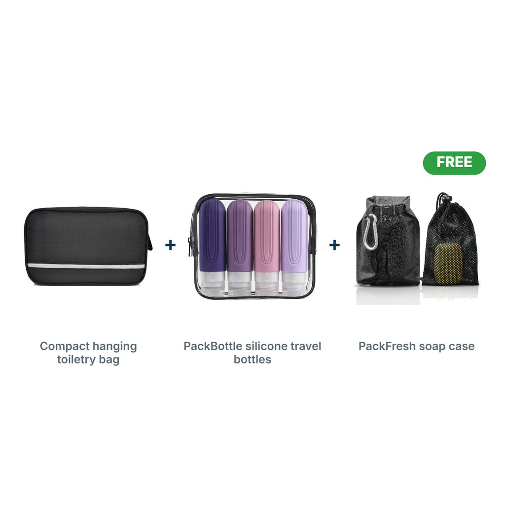 Compact Toiletry Kit: Compact hanging toiletry bag, PackBottle silicone travel bottles, FREE PackFresh soap case