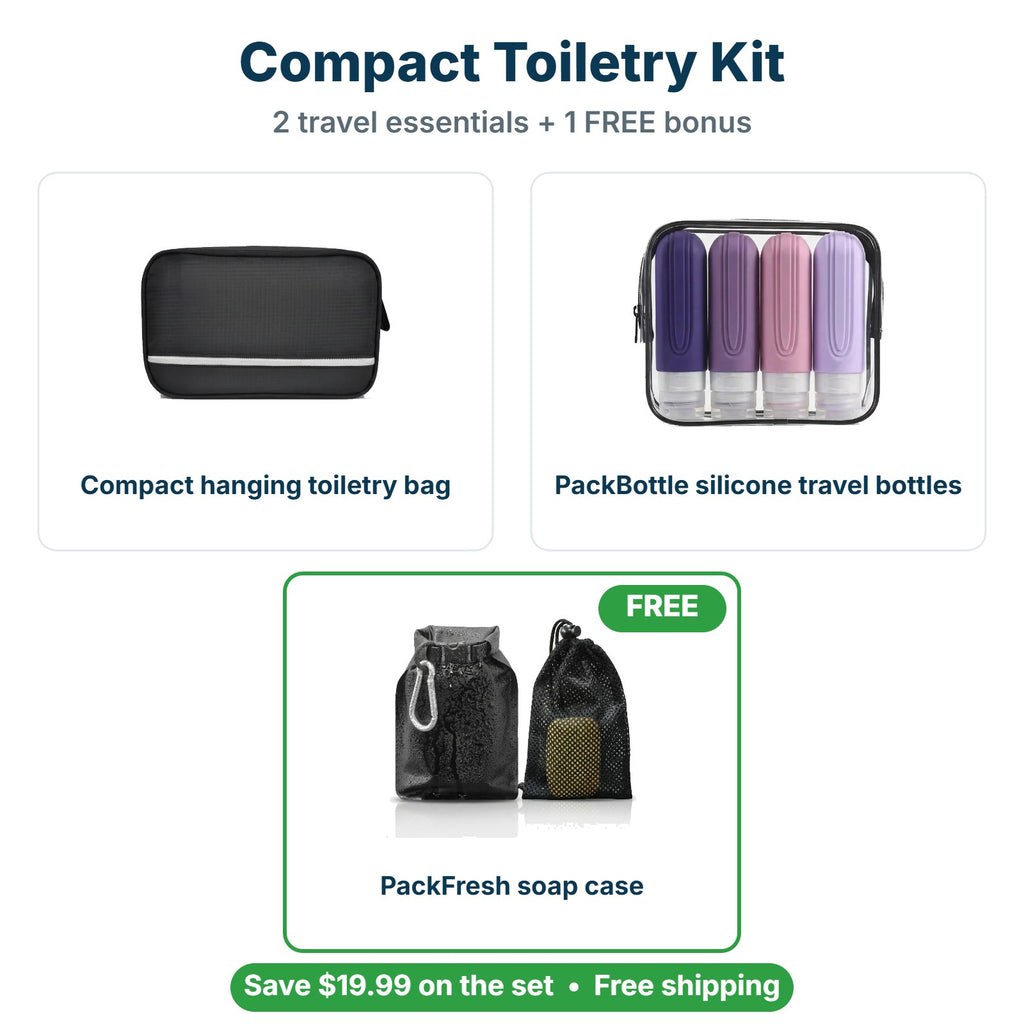 What's inside the Compact Toiletry Kit: Compact hanging toiletry bag, PackBottle silicone travel bottles, FREE PackFresh soap case