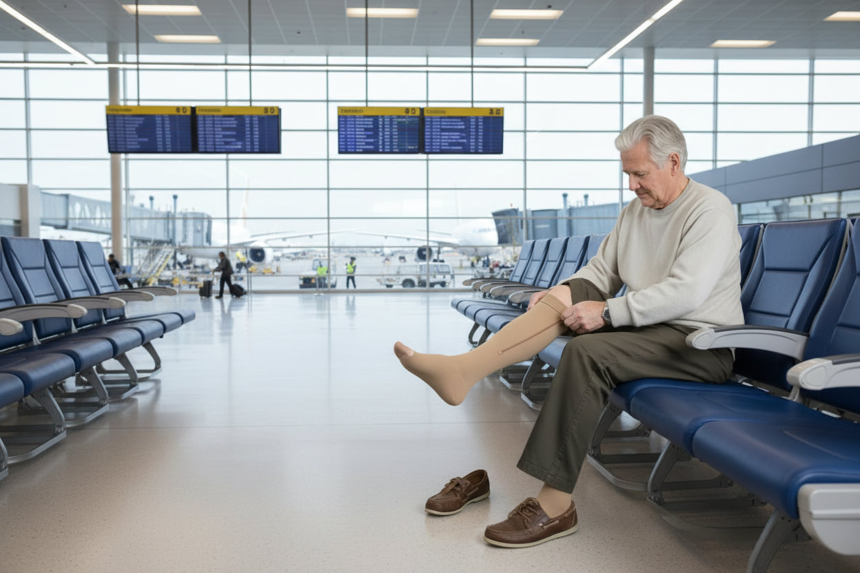Man sitting on a chair wearing compression stockings, with close-up shots of the stockings on a white background.