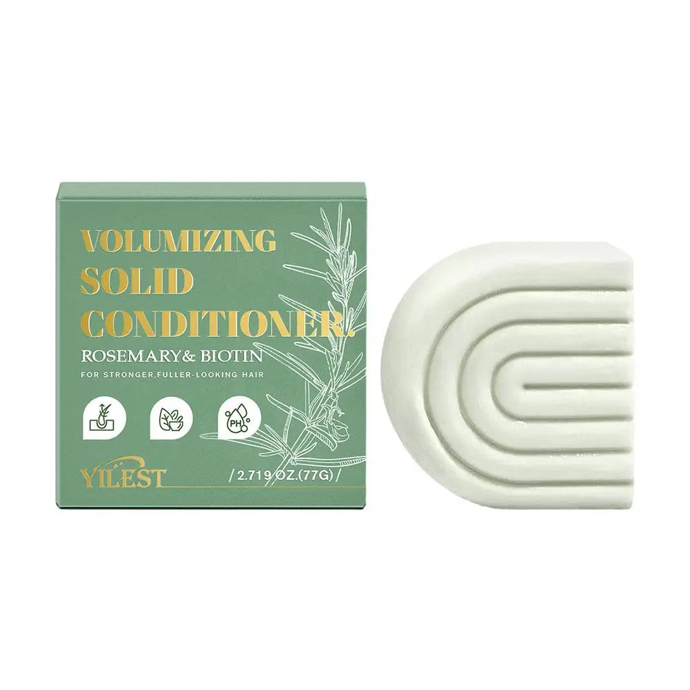 Volumizing solid conditioner bar with packaging on a white background