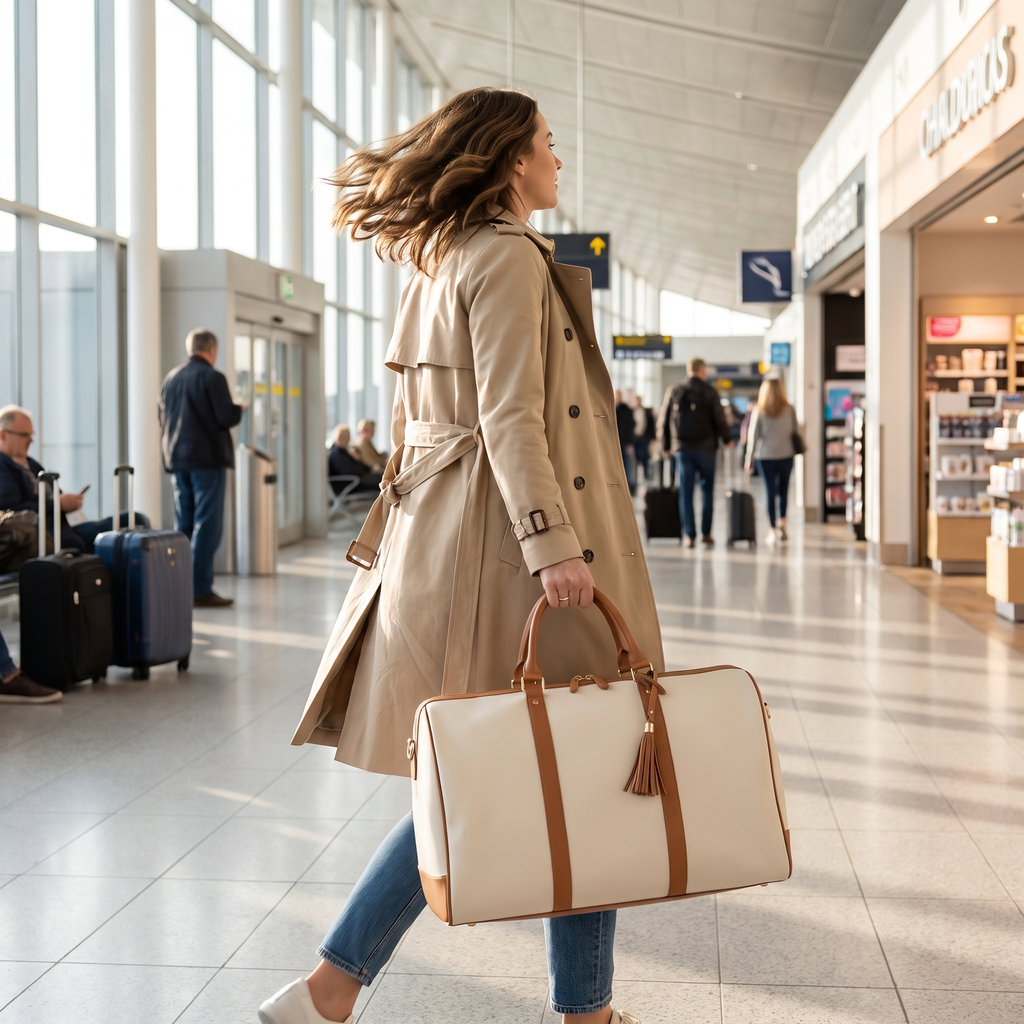 Woman carrying a cream garment weekender bag through an airport terminal