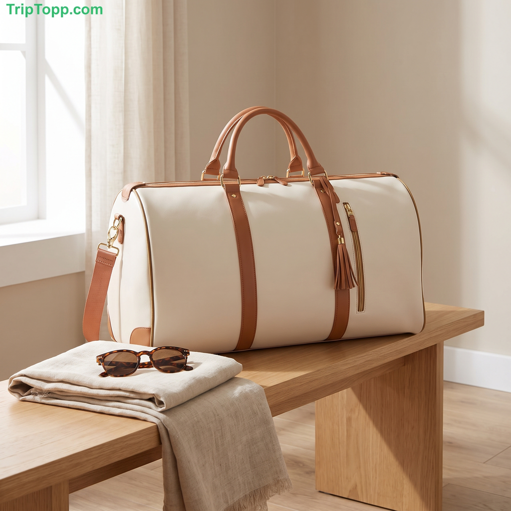 Cream convertible garment weekender bag with tan leather handles on a bench