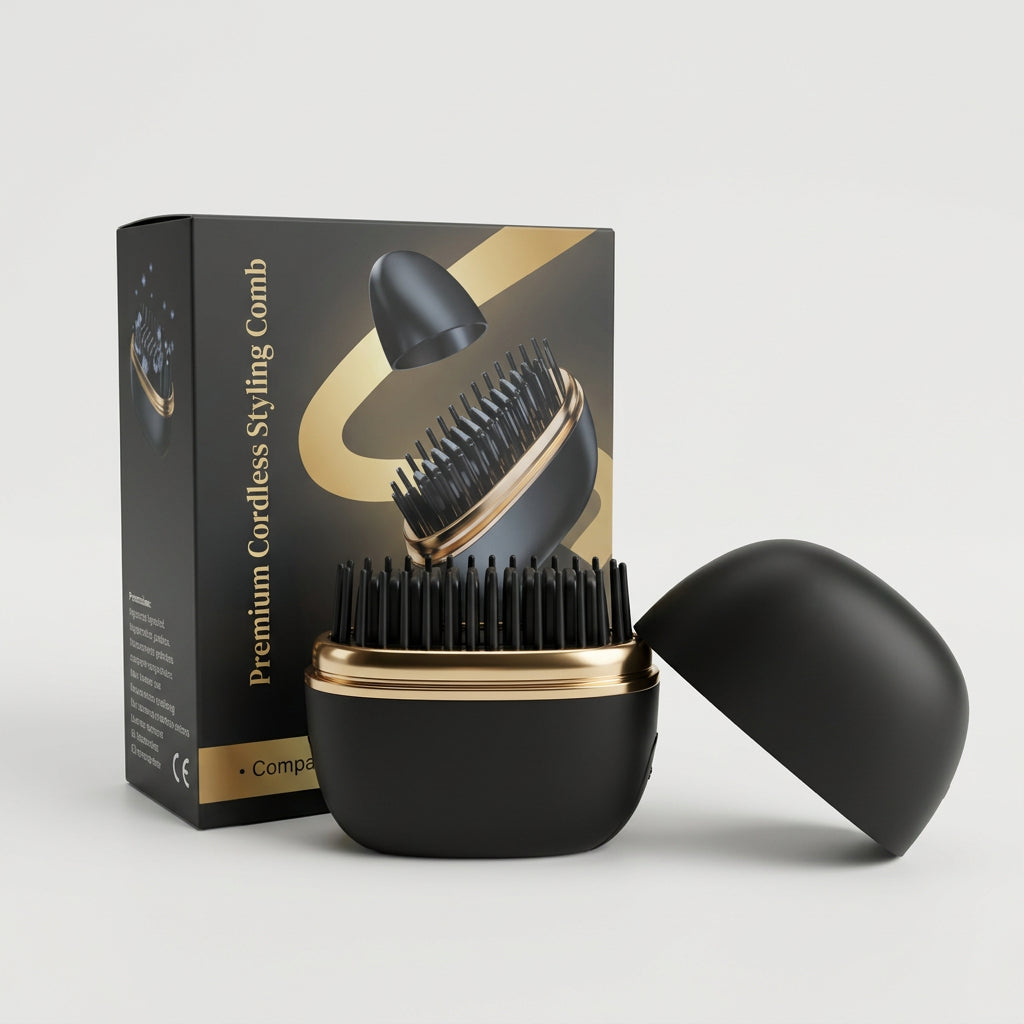 Black hair comb with gold accents on a white background