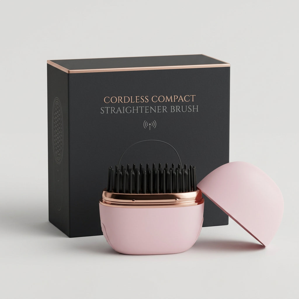 Pink cordless mini hair straightening comb with rose gold trim and cap, shown beside its retail box