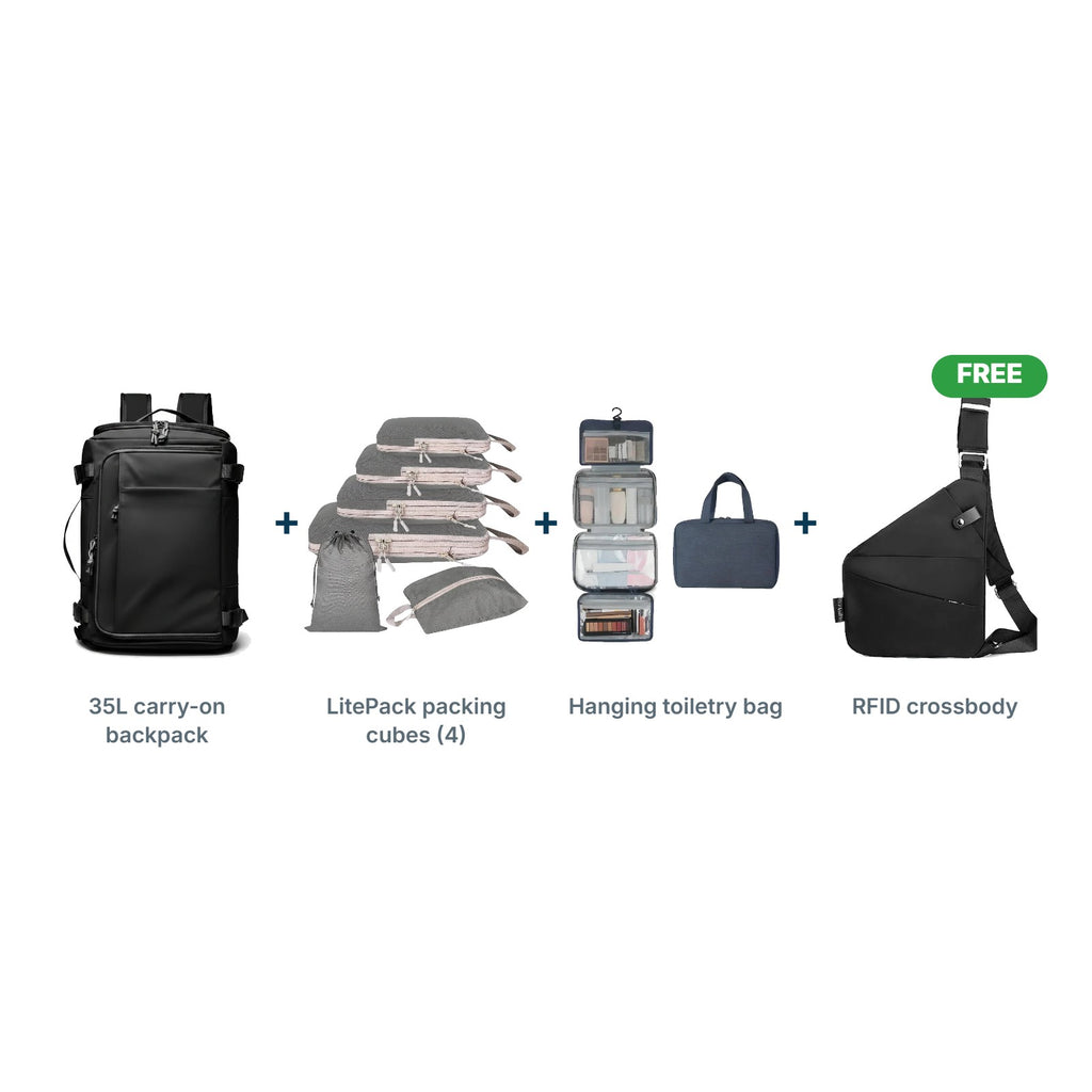 Cruise Essentials Kit: 35L carry-on backpack, LitePack packing cubes, hanging toiletry bag and FREE RFID crossbody