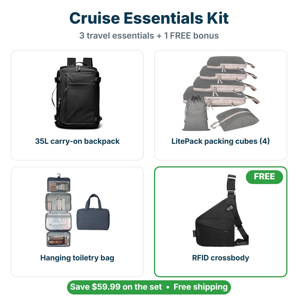 What's inside the Cruise Essentials Kit: backpack, packing cubes, toiletry bag and FREE crossbody