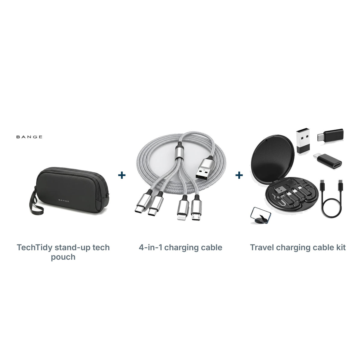 Desk-to-Departure Tech Kit: TechTidy stand-up tech pouch, 4-in-1 charging cable, Travel charging cable kit