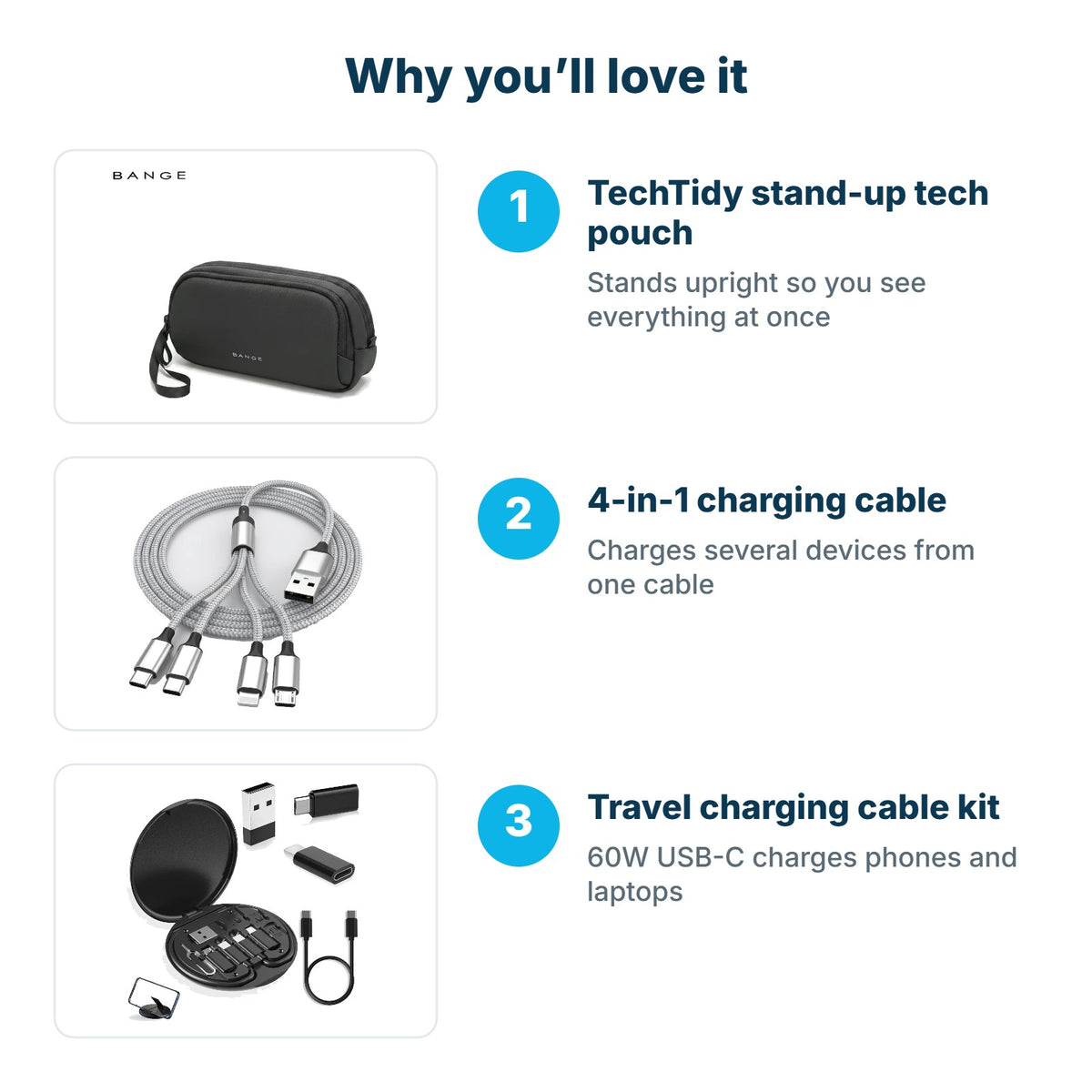 Why you'll love the Desk-to-Departure Tech Kit: TechTidy stand-up tech pouch, 4-in-1 charging cable, Travel charging cable kit