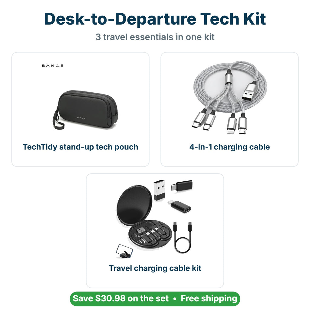 What's inside the Desk-to-Departure Tech Kit: TechTidy stand-up tech pouch, 4-in-1 charging cable, Travel charging cable kit