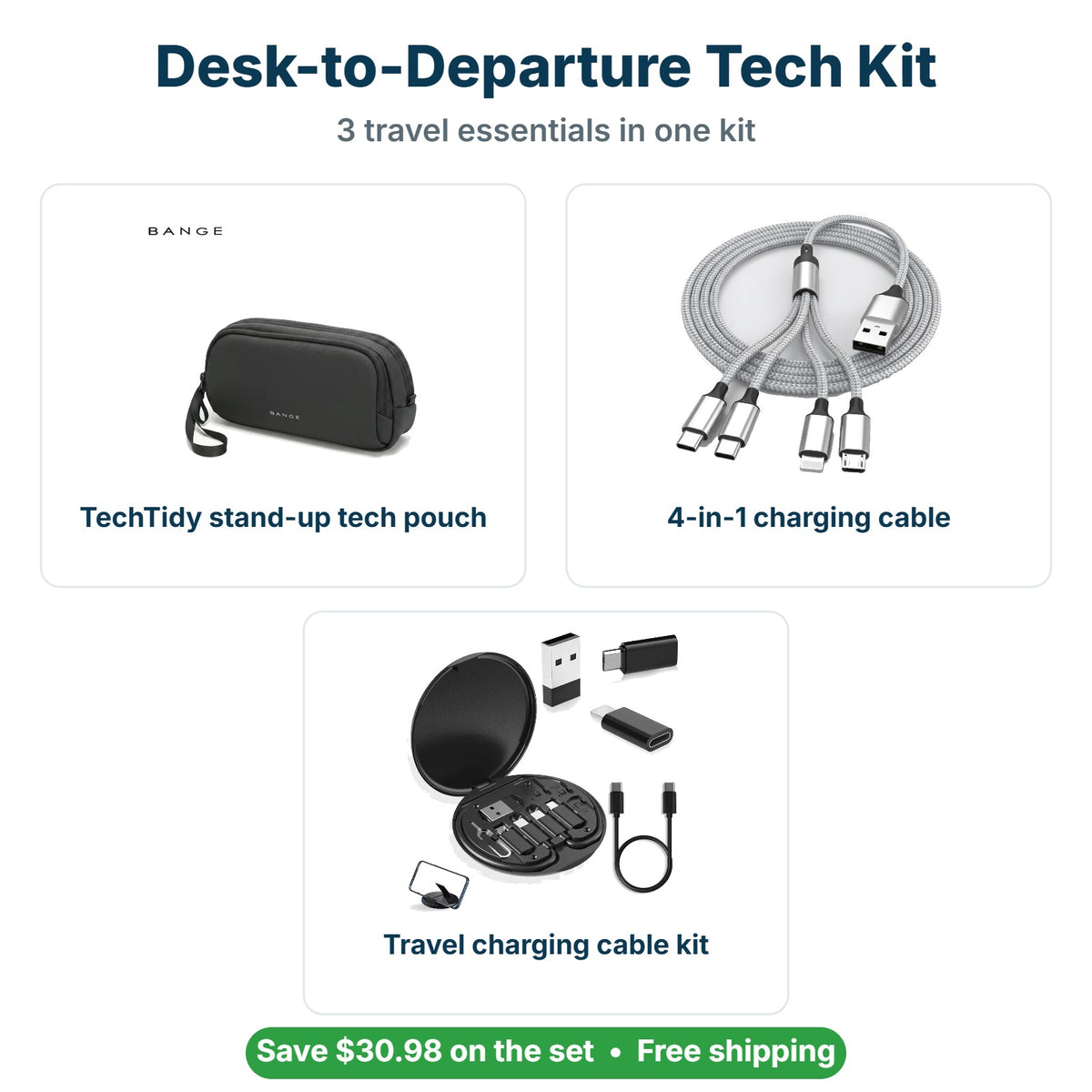 What's inside the Desk-to-Departure Tech Kit: TechTidy stand-up tech pouch, 4-in-1 charging cable, Travel charging cable kit