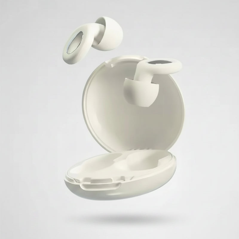 White reusable silicone ear plugs for sleep with round carry case
