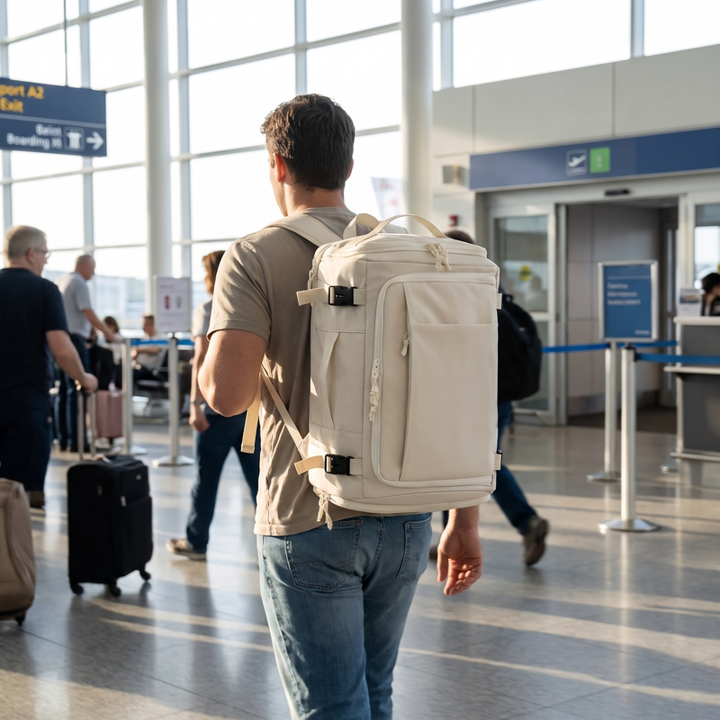 Traveller wearing a cream 35L expandable carry-on backpack in an airport