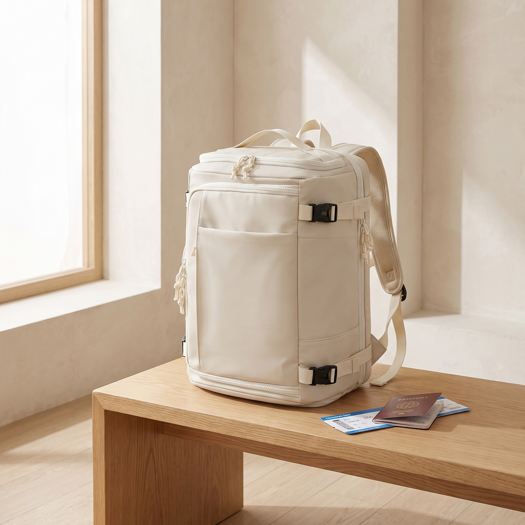 Cream 35L expandable carry-on travel backpack on a wooden bench