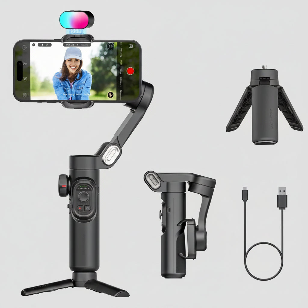 Close-up of the FocusFlow AI Gimbal showing key features and build quality - premium travel gear