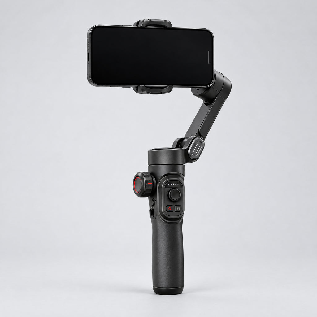 FocusFlow AI tracking phone gimbal stabiliser unfolded with a smartphone mounted