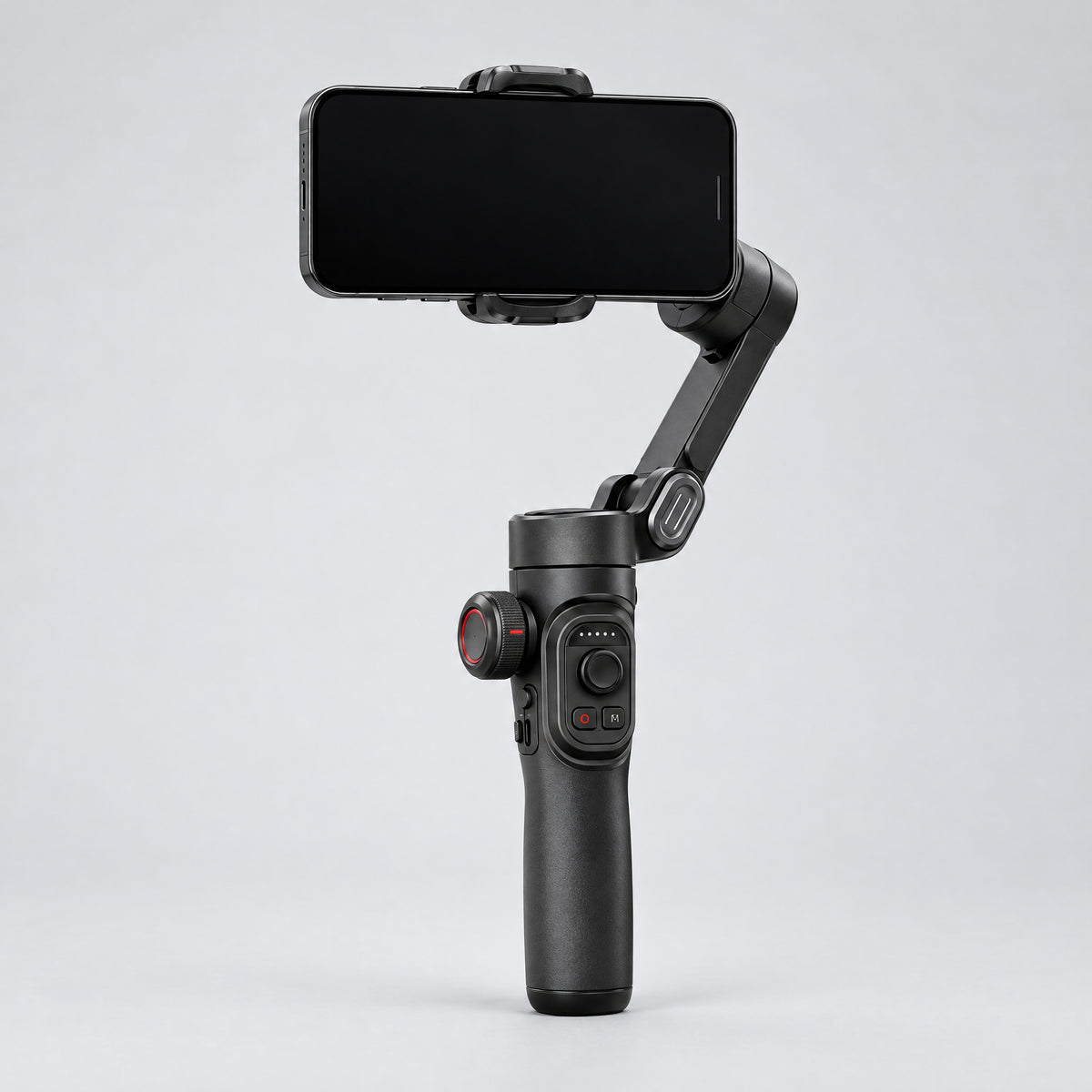 FocusFlow AI tracking phone gimbal stabiliser unfolded with a smartphone mounted