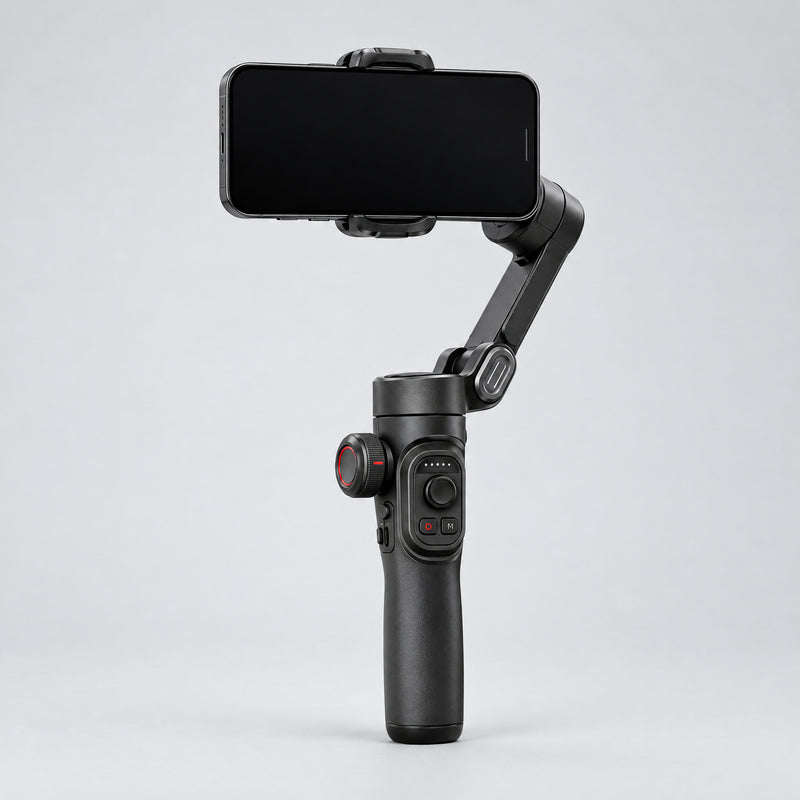 FocusFlow AI tracking phone gimbal stabiliser unfolded with a smartphone mounted