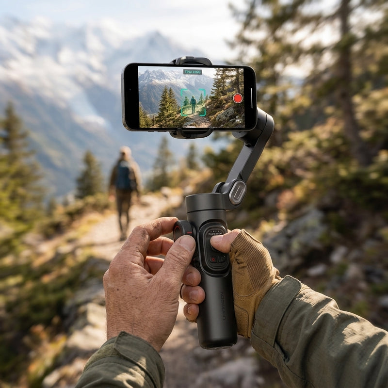 FocusFlow AI tracking phone gimbal filming a hiker on a mountain trail
