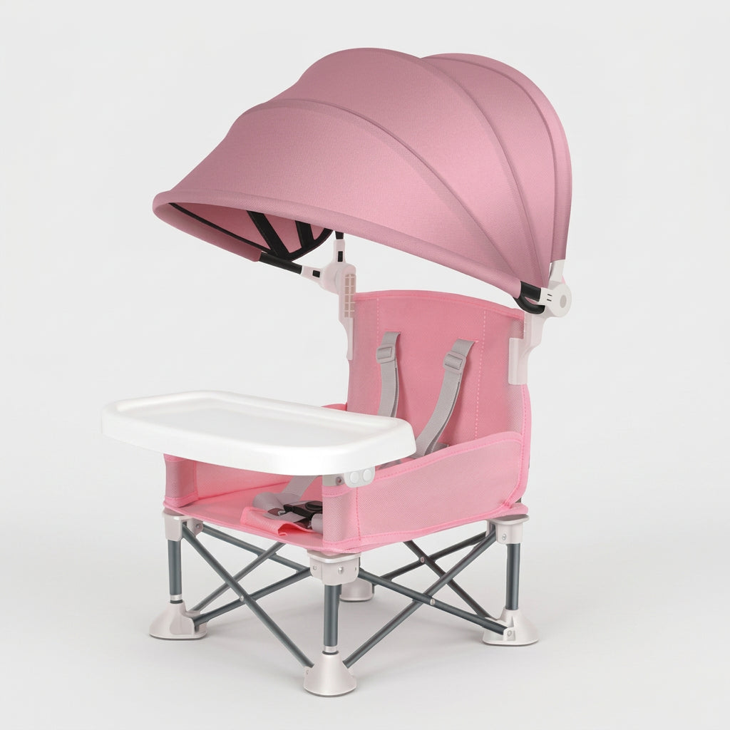 Baby outdoor high chair with awning collapsed compact family beach holiday Australia