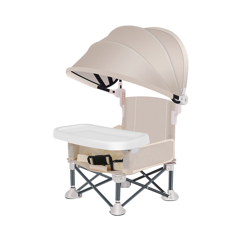 Beige foldable baby feeding chair with sunshade, padded seat and tray