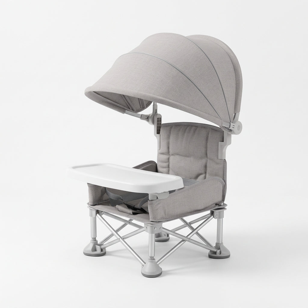 Grey foldable baby travel chair with sunshade canopy and removable tray