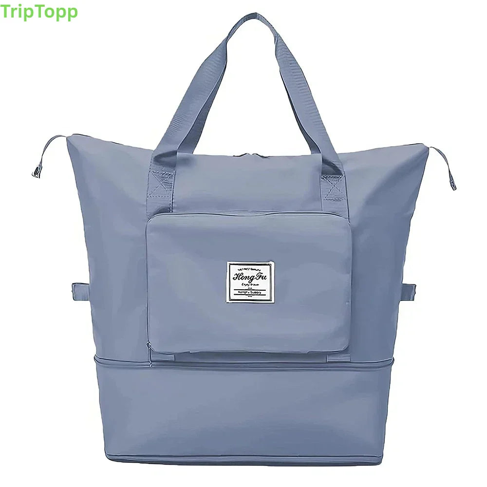 Product itmage of Foldable carry-on travel duffle bag folded to compact hand-size pouchBlue tote bag with a visible brand logo on a white background