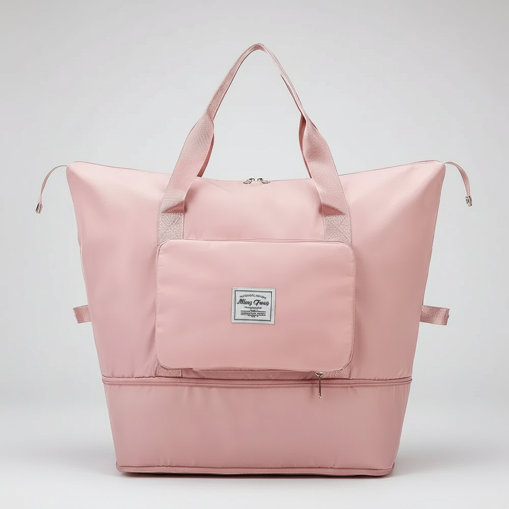 Foldable carry-on travel duffle bag folded to compact hand-size pouchPink travel bag with a visible brand logo - travel gear