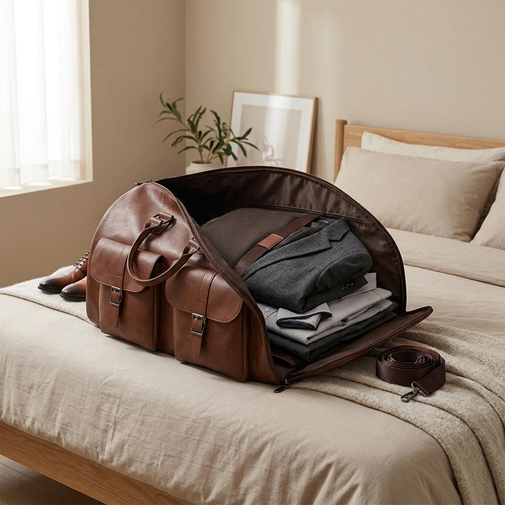 Carry-on travel garment duffle bag open on a bed with a folded suit jacket, wrinkle-free business travel bag