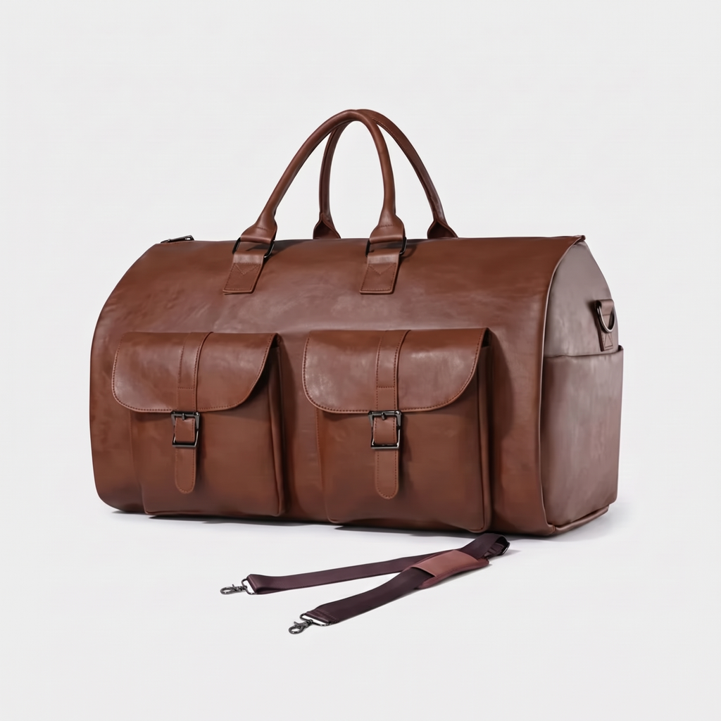Carry-on travel garment duffle bag studio product shot on light grey background
