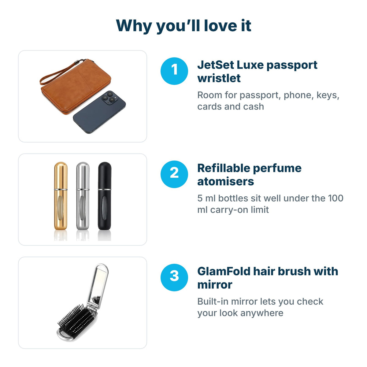 Why you'll love the Glam Travel Kit: JetSet Luxe passport wristlet, Refillable perfume atomisers, GlamFold hair brush with mirror
