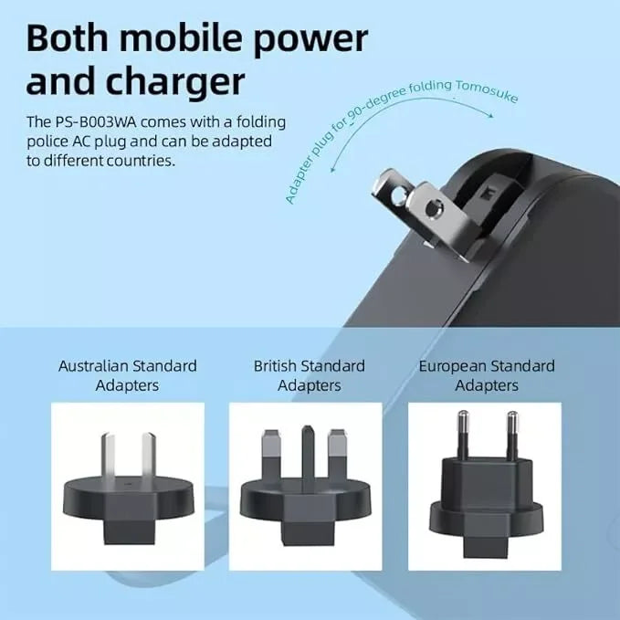 Universal Power Banks Suitable Adapter To Australia, British UK, Europe, South America showing different plug - travel bag