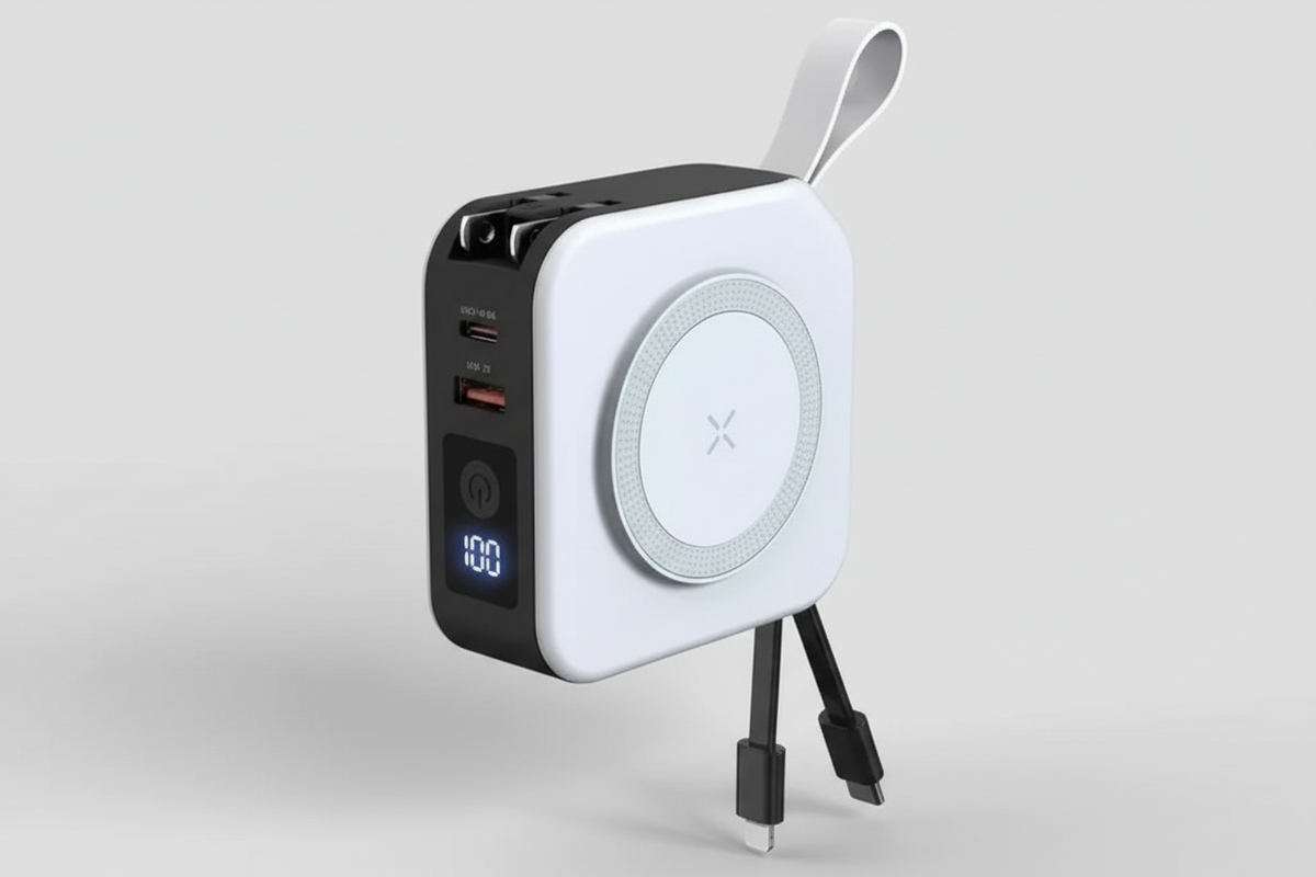 Portable power station with digital display and cable on a white background