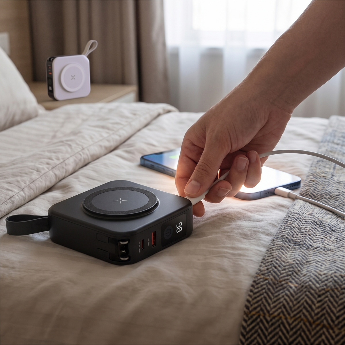 GlobeCharge universal power bank wirelessly charging a phone on a bed