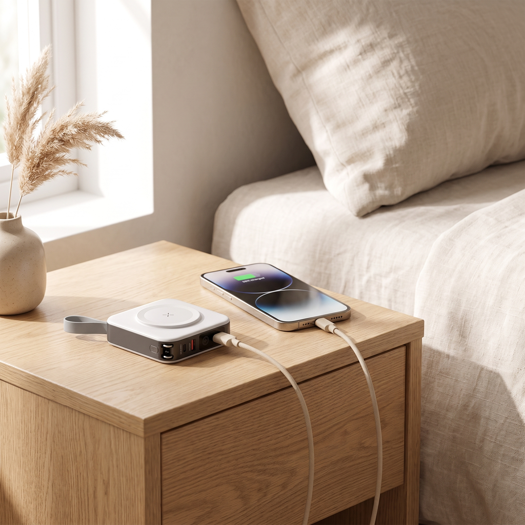 GlobeCharge universal power bank charging a phone on a bedside table, travel power bank with global plug