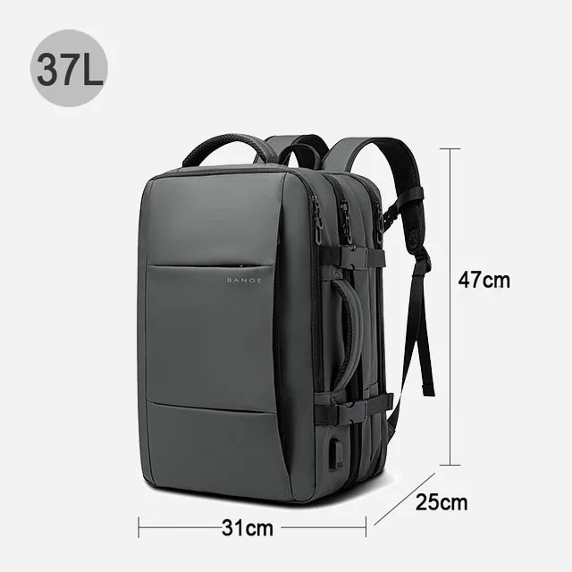 Gray backpack with measurement details on a white background